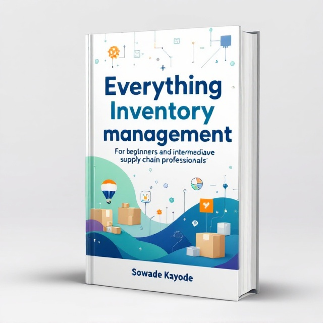 A modern, minimalist design featuring geometric shapes and abstract symbols representing supply chains and inventory. The backdrop is a clean white space with a vibrant gradient of blues and greens to convey technology and innovation. Subtle icons like boxes, arrows, and network lines are integrated into the background.