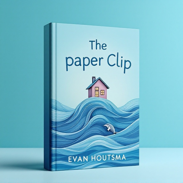 A serene blue background depicts gentle ocean waves. A whimsical house sits atop these waves, styled with lines reminiscent of paper clips, giving it a playful, interconnected feel. Below, a small, cheerful dolphin leaps out from the water, mimicking the loops of a paperclip in a metallic, reflective hue.