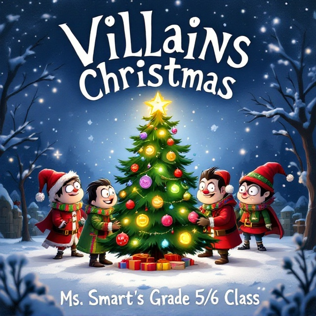 A snowy night setting featuring a group of whimsical, cartoonish villains dressed in festive holiday attire. They are gathered around a Christmas tree adorned with mischief-filled ornaments. Their faces reveal mixed emotions, conveying both remorse and a hint of endearing mischief. Soft, colorful lights glow from the Christmas tree, casting shadows on the snow-covered ground.