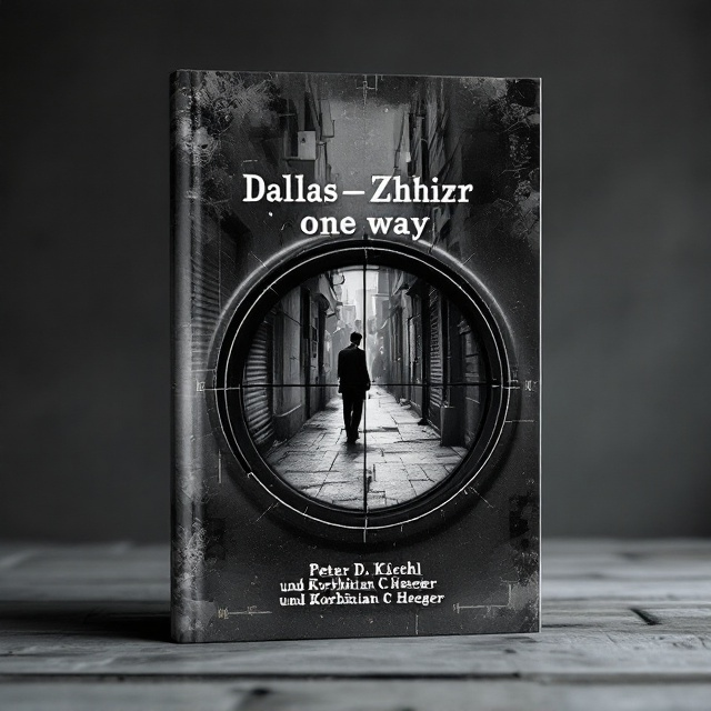 The cover features a grey sniper scope view at the center, creating the bullseye effect, with intricate details of crosshairs. In the crosshairs is a narrow alleyway scene, showing a subtly blurred figure representing John F. Kennedy. Around the edges of the scope, faint images of a concentration camp, chaotic holiday decor, and dark shadows symbolizing a schizophrenic reality blend into the dark grey background, giving a haunting, unsettling feel.