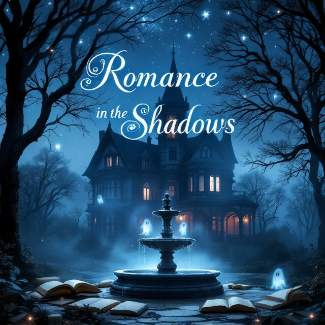 The cover features an old, enchanting Victorian house, partially veiled in ethereal mist. In the foreground, a classic stone fountain bubbles gently, surrounded by scattered, open books with faint ghostly images emerging from them. The scene is set at dusk, with light gray shadows contrasting against a deep blue sky dotted with stars. The silhouettes of trees surround the house and fountain, creating an intimate setting. Gentle, warm light emanates from one of the house’s windows, adding a touch of romance to the mysterious ambiance.