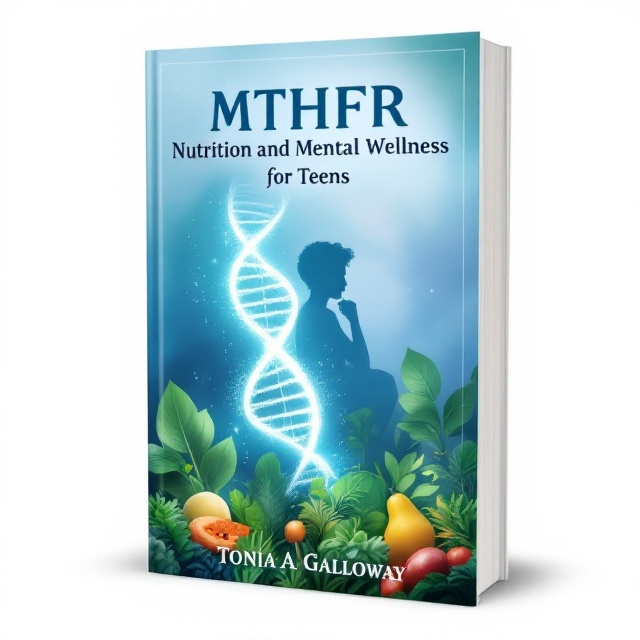 A calming composition featuring a serene blue background with a central glowing DNA strand. Surrounding the DNA are abstract green and white shapes representing leafy greens. Above the DNA strand is a silhouette of a teenager in deep thought, subtly integrated. The bottom portion includes soft imagery of a peaceful landscape, with healthy foods like fruits and vegetables artistically arranged.