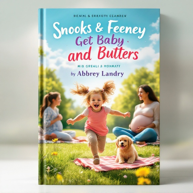 A cheerful and vibrant scene depicts a dusty-haired little girl exuberantly running through a lush, sunlit park with her golden retriever by her side. The pregnant mother watches joyfully from a picnic blanket in the background, accompanied by a playful golden retriever puppy who seems to be frolicking around. The sky is a bright blue dotted with fluffy white clouds, enhancing the playful ambiance.