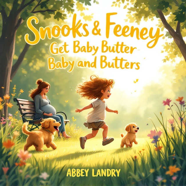A vibrant illustration showing a dusty-haired little girl joyfully running across a sunlit park. Her golden retriever bounds beside her, while a pregnant mommy sits on a nearby bench, lovingly watching. A playful golden retriever puppy frolics nearby amidst colorful flowers and tall grass swaying in a gentle breeze.