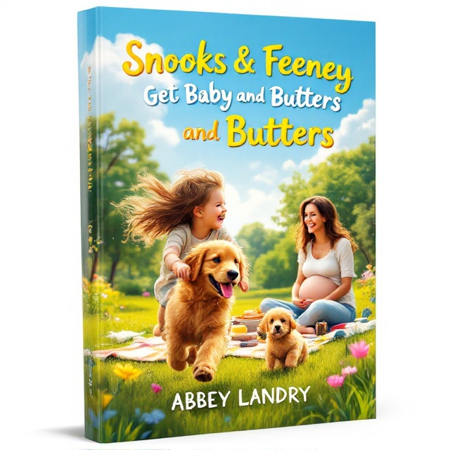 A vibrant and colorful scene depicting a dusty-haired little girl joyfully running alongside a playful golden retriever puppy. In the background, a pregnant mother is sitting on a picnic blanket, laughing, with a smaller golden retriever puppy by her side. The setting is a lush, green park with flowers scattered around, and a bright blue sky with fluffy white clouds overhead.