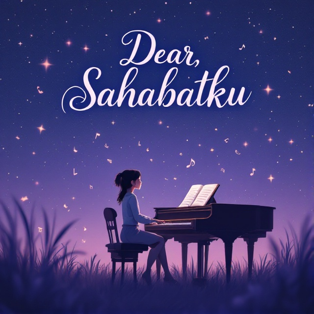 Under a starry night sky, a girl sits at a grand piano with an expression of deep emotion. A book lies open on top of the piano, and delicate notes seem to float in the air around her. The scene is bathed in shades of lilac, evoking a sense of nostalgia and longing.