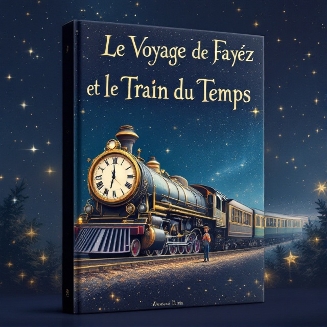A whimsical, surreal scene featuring a large, vintage train winding through a starry night sky. The train has an oversized, ornate clock integrated into its front. A small boy stands on the train, gazing forward, symbolizing his adventurous journey. The background is a blend of dark blues and purples, with soft stardust trails to suggest the passage of time.