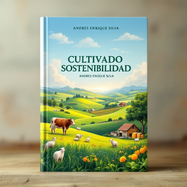 The cover features a bucolic rural landscape with rolling green fields and a farmstead. On the left, a beautifully detailed illustration of a cow and a few sheep grazes peacefully. To the right, a cluster of buzzing bee hives and rows of fruit-bearing trees add a sense of harmony and abundance. Overhead, subtle wisps of clouds frame the title against a serene blue sky, symbolizing the promise of sustainability and nature's bounty.