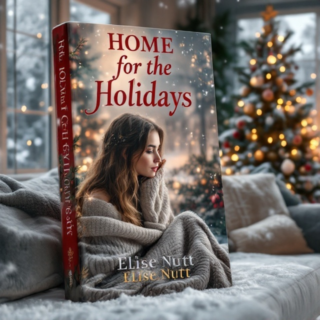 A cozy living room scene on a snowy winter evening. A girl sits comfortably on a plush sofa with a warm blanket draped over her. A beautifully decorated Christmas tree adorned with twinkling lights and colorful ornaments stands prominently in the background. The room has a warm glow, with snow visible through a window, hinting at a winter wonderland outside. Soft, muted colors, like deep reds, greens, and golds, create a festive atmosphere.