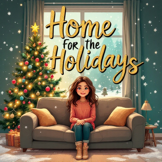 A cozy living room scene with a cartoon-style illustration of a girl sitting comfortably on a plush couch. Behind her is a beautifully decorated Christmas tree, adorned with twinkling lights and colorful ornaments. The room is softly lit, conveying a warm and inviting holiday atmosphere. Snowflakes gently fall outside a window, hinting at a picturesque winter landscape.