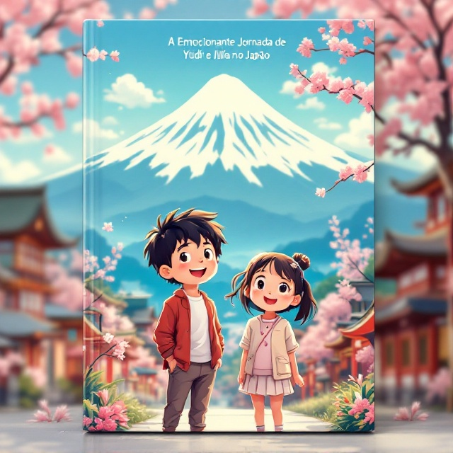 The cover features an anime-style illustration of two children, Yudi and Júlia, standing side by side, smiling joyfully as they gaze forward. They are set against a vibrant and culturally rich Japanese landscape, incorporating iconic elements such as cherry blossoms, Mount Fuji, and traditional Japanese architecture in the background to create an enchanting and adventurous atmosphere.