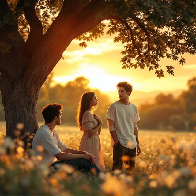 The cover depicts a vast park scene at sunset, with the golden-orange sky creating a sentimental backdrop. In the foreground, a young man sits calmly beneath a large shady tree, his loose white shirt adding to the wistful atmosphere. Mid-ground, a young woman stands, her confused expression captured with one hand touching her chest. Her soft casual dress contrasts with the confident stance of a modernly dressed man beside her. They are surrounded by soft shadows and blooming wildflowers, drawing attention to the complex relationships and emotions.