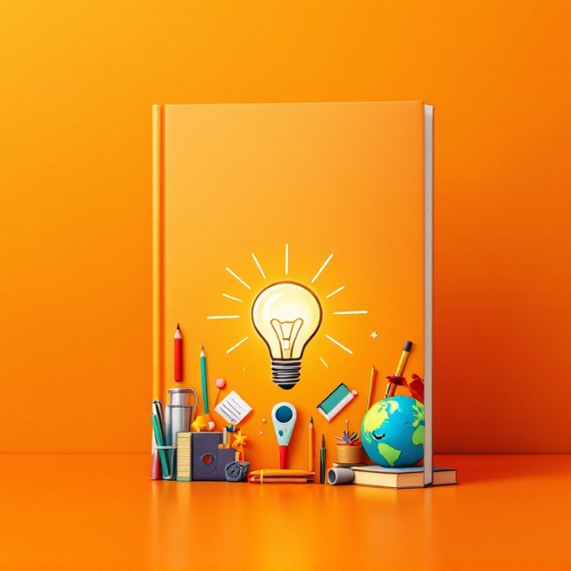 A lively composition featuring an array of academic tools like pencils, books, and notebooks scattered in a playful manner across the cover. In the center, a lightbulb symbolizes ideas and inspiration, radiating rays that connect to images of a smiling globe, suggesting global educational excellence. The background is a cheerful gradient of bright orange transitioning to a lighter shade at the bottom, adding vibrancy and warmth to the entire design.