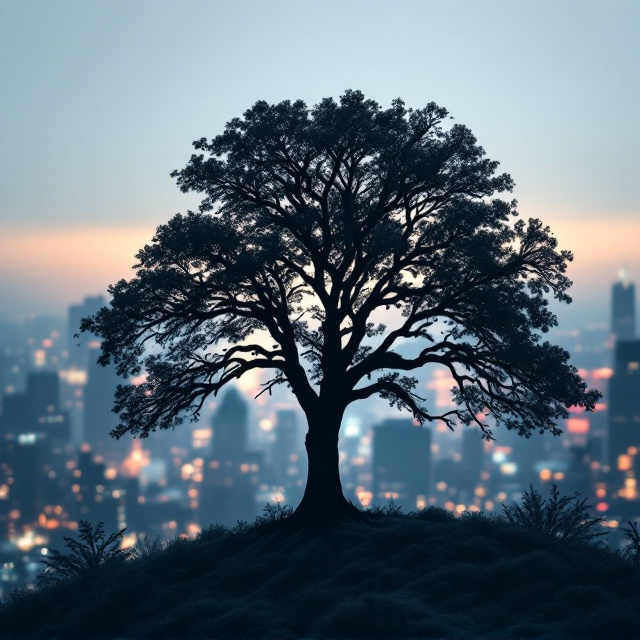 A silhouette of a large, sprawling tree stands prominently in the foreground, casting intricate shadows across the expanse of a bustling cityscape in the background. The city is softly blurred, suggesting a sense of movement and life, with vibrant lights twinkling among skyscrapers. The tree, in contrast, is striking in its detailed, delicate branches that span out, offering a serene counterbalance to the lively urban setting.