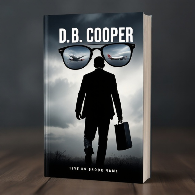 A silhouette of a man in a sleek black suit holding a briefcase, against a backdrop of a cloudy sky. A pair of oversized sunglasses is prominently featured, reflecting the image of an airplane in the lenses. The color scheme is dominated by shades of black, white, and grey, with a hint of blue in the sky to add depth.
