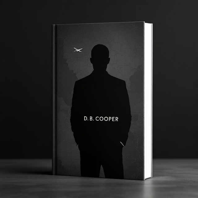 The cover features a monochromatic color scheme dominated by dark greys and black, emphasizing a mysterious atmosphere. A silhouette of a man in a sharply defined black suit dominates the center, exuding an aura of intrigue and secrecy. The background is subtly textured to resemble a vintage map, hinting at the historical aspect and the travels of D.B. Cooper. A single, sleek airplane is faintly visible in the upper corner, adding an element of adventure and crime.