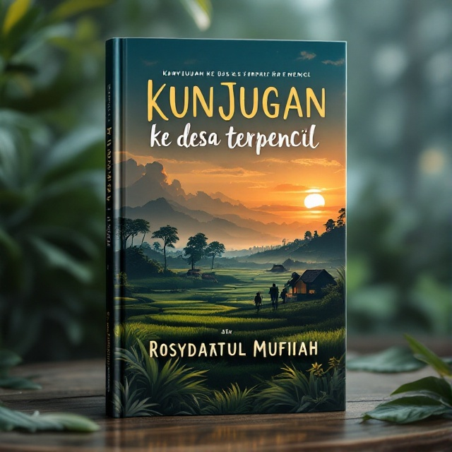 A scenic landscape featuring a tranquil, remote village surrounded by lush green trees and rice fields under a dusk-tinted sky. Shadows of a group of teenagers are seen adventuring through the landscape, with a sun partially concealed by clouds casting a soft, mysterious glow.