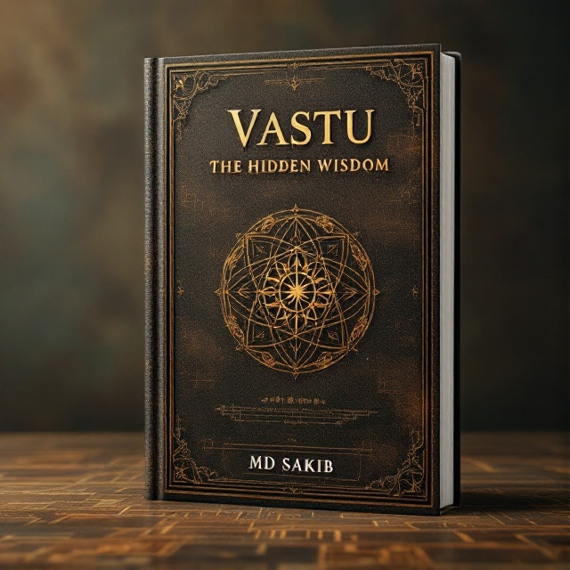 A mysterious ancient Vastu symbol is centrally positioned on the cover, slightly embossed, with intricate detailing. The background is a textured gradient of deep browns and golden hues, creating an enigmatic aura. Faint outlines of architectural plans are visible, blending into the background to accentuate the hidden and mystical theme.