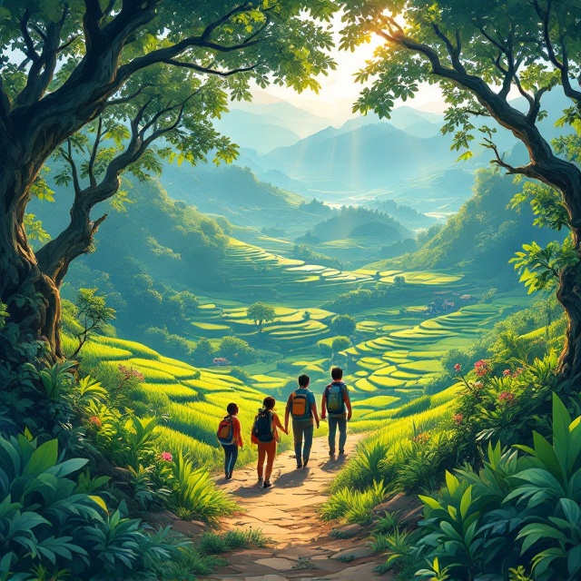 A lush, detailed illustration of a remote village set against expansive terraced rice fields fills the cover. A group of adventurous teenagers, depicted in mid-journey, traverse a path that winds through the vibrant greenery. Majestic trees with sprawling branches frame the scene, while soft beams of sunlight filter through the leaves, casting a warm and slightly mystical glow across the landscape.
