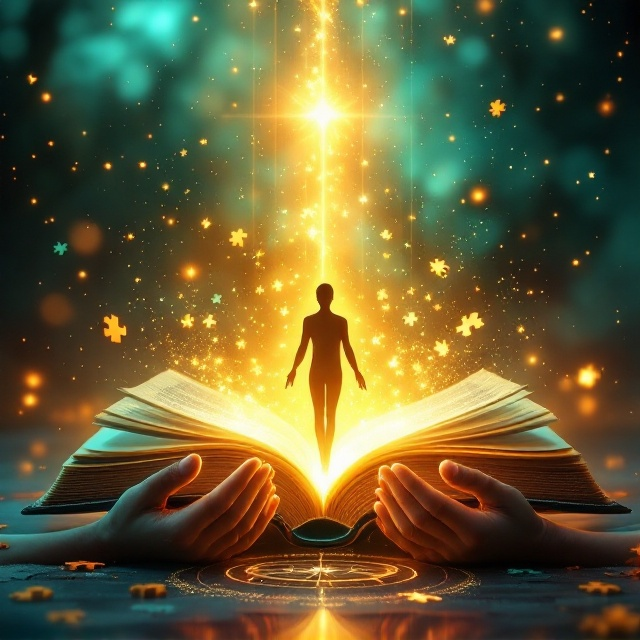 The cover features a vibrant, central image of an open book with glowing teal and gold pages. From its depths, a human silhouette emerges, gracefully reaching towards a radiant, golden light that symbolizes enlightenment. Around the book, a delicate tree of life and scattered puzzle pieces emphasize personal growth and self-discovery. Ethereal light rays and abstract patterns create a warm, inviting backdrop, while a faint mirror effect hints at introspection. At the book's base, a compass and a glowing path invite readers to embark on their journey, and hands cradling a globe suggest universal connection and empowerment.