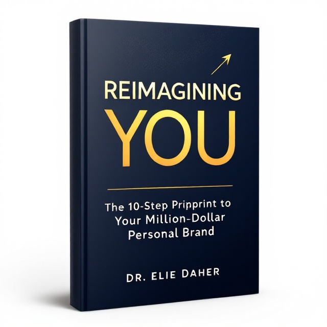 A strong, sophisticated background in deep navy-blue with a subtle diagonal gradient for depth. A faint, abstract line art arrow subtly traces upwards in the background, symbolizing growth and advancement. The title "Reimagining You" is emblazoned boldly in a luminous gold serif font, positioned centrally for impact. Below it, the subtitle appears in a sleek, silver sans-serif font. A thin gold line separates the title and subtitle for elegance. At the bottom, "Dr. Elie Daher" in gold serif font mirrors the title's color for coherence.