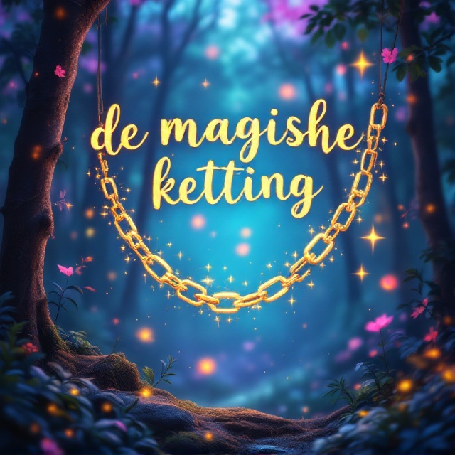 The cover features a vibrant, enchanted forest with a large, luminescent magical chain suspended and floating in mid-air, reflecting dazzling lights. The background is softly diffused to evoke a mystical aurora with bright, playful colors intertwining, symbolizing magic and happiness. A gentle golden glow surrounds the chain, creating a sense of allure and joy.
