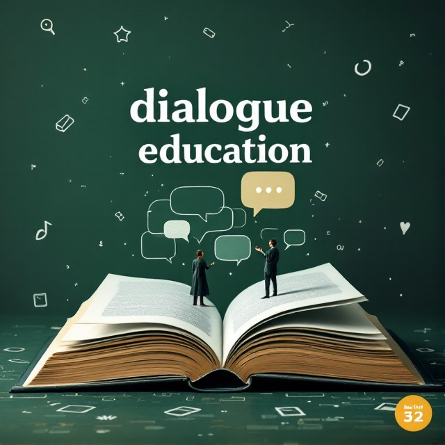 A large, open book lies at the center of the cover, with pages formed by abstract speech bubbles. A scholarly figure with an open gesture stands on one page, symbolizing dialogue. The background is a dark green with subtle white chalk-like educational icons scattered sporadically.