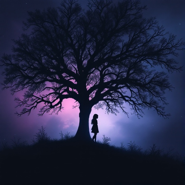 A dark silhouette of a girl standing under an expansive tree with intricate branches spreading across the cover, against a gradient sky transitioning from deep purple to a mysterious midnight blue. Shadows and light interplay subtly around the tree and girl, creating an enigmatic aura.