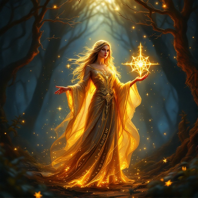 A radiant, golden sorceress stands at the center, her robes flowing with ethereal light. She holds a shimmering sword in one hand, intricately engraved with runes, and a mystical six-branched star floats above her other hand. The background is an enchanted forest bathed in twilight hues, with an aura of magic emanating around the character.