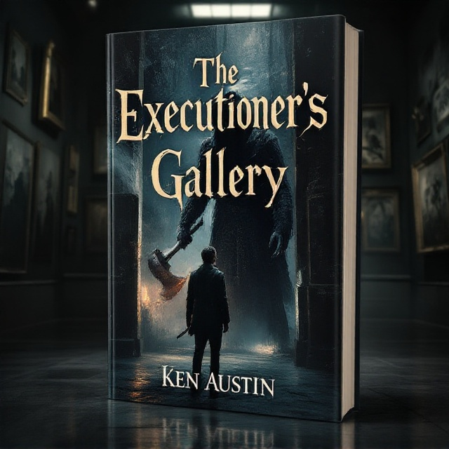 The cover features a dimly lit art gallery with shadowy corners. In the foreground, an art curator stands, nervously looking over their shoulder. Looming ominously behind them is a towering executioner, partially emerging from the shadows, holding an enormous axe poised with menace. The executioner’s face is covered with a dark hood, adding to the mystery and terror. Artwork on the walls is obscured and abstract, hinting at dark themes rather than fully showcasing them, enhancing the atmosphere of suspense and dread.