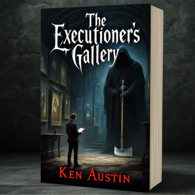 The cover features an intricately detailed art gallery, dimly lit to evoke a sense of mystery and unease. In the foreground stands the curator, nervously clutching a clipboard, casting wary glances over his shoulder. On one side of the frame looms the executioner, colossal in presence, his towering figure clad in a dark, menacing hood. He grips a massive, ornate axe, its blade shimmering ominously. The walls of the gallery are adorned with unsettling, shadowy artworks.