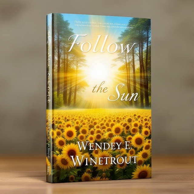 A radiant sunburst filters through towering, majestic trees, casting a golden glow over an endless field of vibrant, blooming sunflowers. The sky is a gentle blue, providing a serene backdrop. Sunlight glimmers through each sunflower petal, creating a sense of warmth and tranquility.