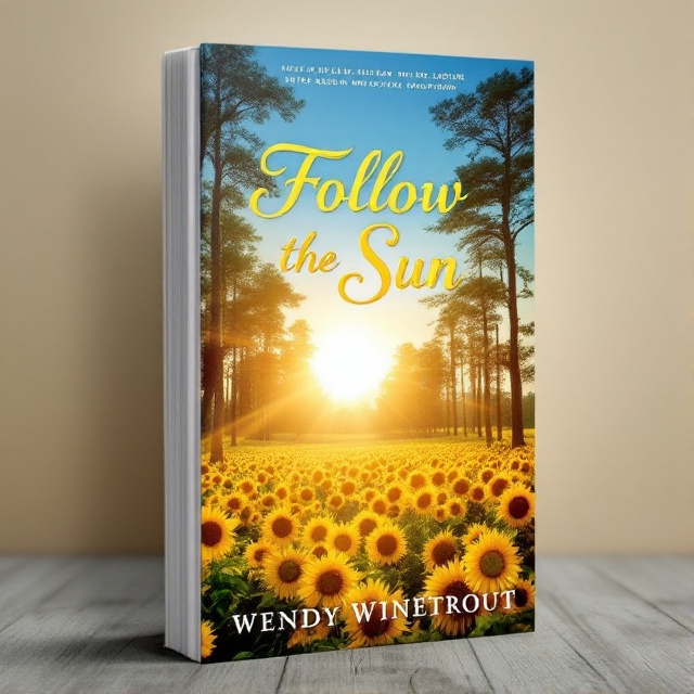 A serene landscape featuring tall, majestic trees with sun rays filtering through their branches, casting a golden glow on a sprawling field of vibrant sunflowers. The backdrop is a clear, bright blue sky that evokes peace and inspiration.