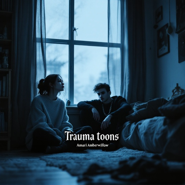 A moody and dimly lit dorm room painted in somber blues and grays forms the backdrop. In the foreground, a girl with an introverted demeanor, enveloped in an oversized sweater, sits cross-legged on the floor, looking introspective. Beside her is a boy radiating a rebellious aura with dark clothing, a chain necklace, and tousled hair, leaning casually against the bed. Near the window, a girl with a goth style, adorned in dark makeup and layered black attire, stares pensively into the distance. The window casts a soft, cold light that adds to the melancholic atmosphere.