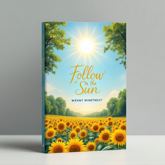 A sprawling field of vibrant sunflowers stretches across the foreground, their faces tilted towards a radiant sun hanging in a cloudless blue sky. Dappled sunshine filters through the lush, thick foliage of tall trees that border the field, casting playful shadows on some of the sunflowers, while others bask fully in the light. The horizon is a tranquil blend of soft blues, greens, and yellows, evoking a sense of peace and hope.