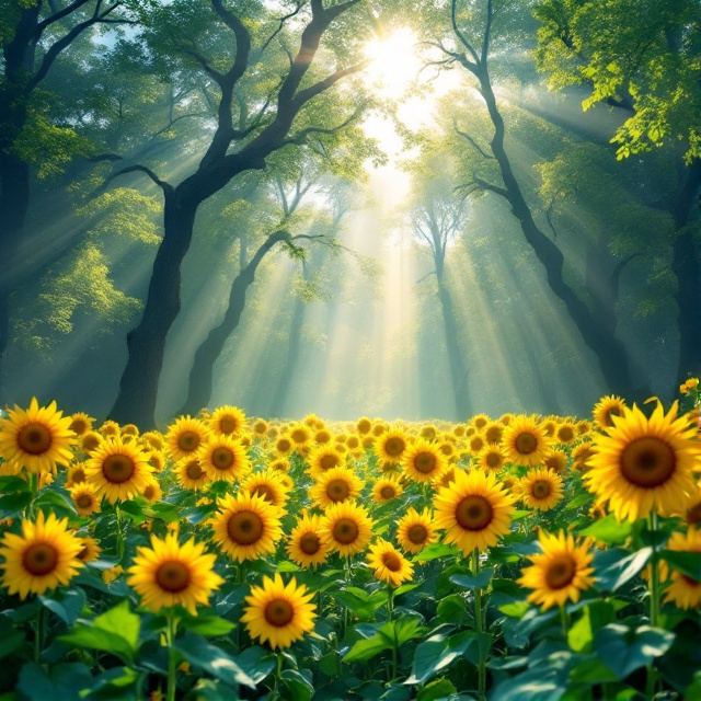 Sunlight filters through the dense green foliage of towering trees, casting gentle beams over a sprawling meadow filled with vibrant sunflowers. The sunflower petals, captured with an almost photographic realism, catch the light, giving them an iridescent glow. Subtle hues of blue and green are interspersed to create a serene but uplifting atmosphere that symbolizes both peace and hope.