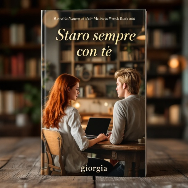 The cover features a warm, softly-lit room with a vintage-inspired wooden desk. A girl with flowing red hair is seated, intently working on a modern laptop. Next to her, a tall, blond-haired boy leans slightly toward her, his hand resting on the desk in a casual, yet protective manner. The scene is captured from behind, creating a sense of intimacy and anticipation, set against a blurred backdrop of bookshelves suggesting an editorial atmosphere.