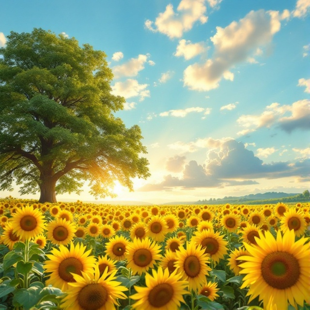A vibrant springtime field filled with a sea of sunflowers, leading the eye towards the horizon. The sun's rays beam through the dense canopy of a large majestic tree on the side, casting serene shadows on the sunflower field. In the sky, soft, fluffy clouds drift across a clear blue expanse, enhancing the warmth and peace of the scene.