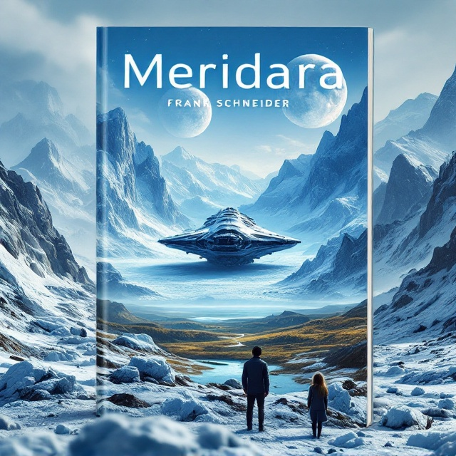 The cover features an expansive icy landscape, dominated by vast, towering glaciers. At the center, a colossal, derelict spaceship juts out from the ice on a high plateau. Above, two unique moons cast a soft glow across the deserted scene. In the foreground, a man and a young woman stand with their backs to the viewer, gazing into a verdant valley teeming with life in the distance. The celestial hues of the two moons and the icy blues create a chilling yet hopeful atmosphere.