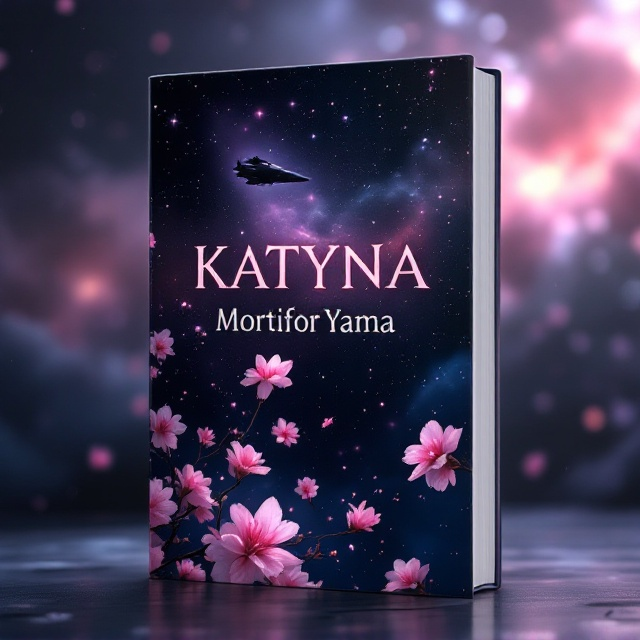 A dark, cosmic background filled with subtle glowing stars and nebulous clouds extends across the cover. In the foreground, delicate cherry blossoms appear to float gently, illuminated softly by the ethereal glows of distant celestial bodies. A silhouette of a futuristic spacecraft hovers in the upper left corner, adding a Star Wars-inspired element to the scene.