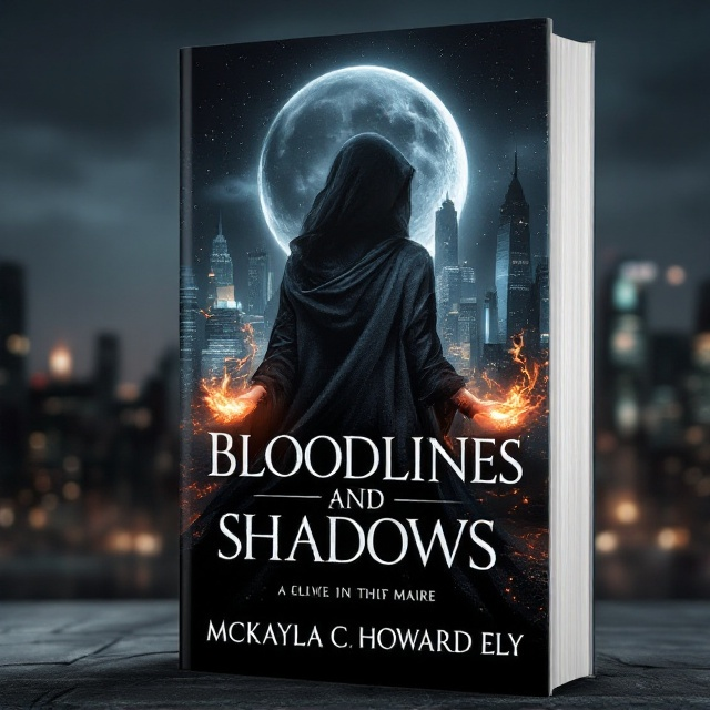 A lone figure, Maire, stands against a gleaming urban skyline at night, partially obscured by shadow. The crescent moon casts a silvery glow above, illuminating the selkie coat draped around her shoulders. Her eyes are enigmatic, and faintly radiant wisps of fire dance in her hands, reflecting warm oranges and reds against the deep blues and blacks of the cityscape. The skyline is tinged with magical silver hues, enhancing the sense of mystery and magic.