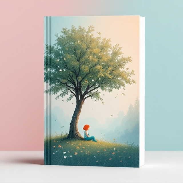 A serene scene depicting an oak tree with scattered leaves, standing gracefully in the foreground. Underneath the tree, Phoebe is seated with a contemplative look, her short orange hair glowing softly in the dappled sunlight. Her arms reveal small, visible feathers that match her hair, hinting at her uniqueness. The background transitions smoothly from a light pink to blue gradient, evoking a sense of delicate tranquility and subtle emotions.