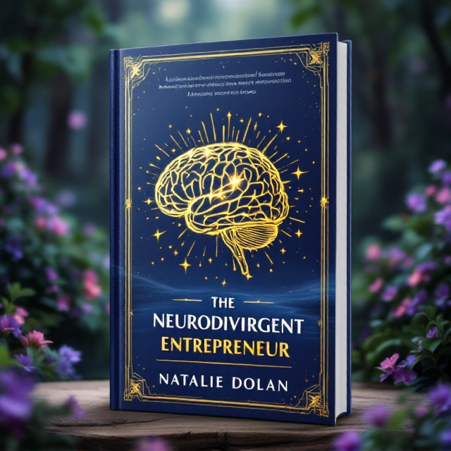 A serene blue lake flows through a dense, vibrant floral forest, capturing the essence of tranquility and growth. At the center, a bold, gold-brain illustration emerges, symbolizing intellect and innovation. A brilliant explosion of gold stars radiates from the brain, representing creativity and endless potential. Hints of purple flowers add depth and mystique, enhancing the overall color palette.