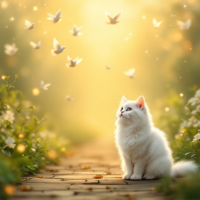 A serene and ethereal landscape featuring a fluffy white cat with a gentle expression sitting on a path leading towards a horizon bathed in soft, golden light. Above the scene, a cluster of doves with outstretched wings flying upwards represents the spiritual journey. Subtle celestial motifs, such as faint stars and halos of light, are integrated into the sky, giving the scene a divine essence.