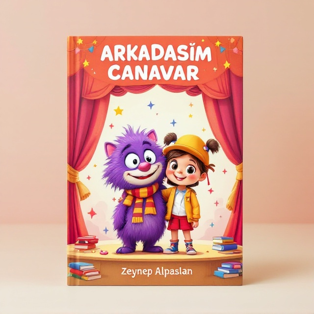 The cover features a whimsical and colorful illustration of Kiki and Petunia standing together on a school stage. Kiki, a lively young girl, is wearing a bright school uniform, while Petunia, the purple furry monster, is adorned with a playful hat. They both have expressive, joyful faces. The backdrop of the stage is filled with cartoonish school and theater motifs like curtains, stars, and books. The background outside of the stage is a soft pastel, conveying warmth and friendliness.