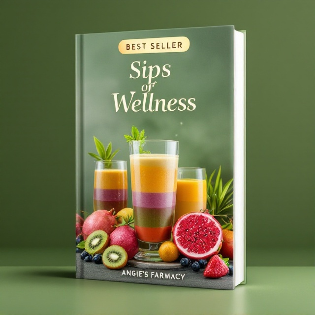 A serene, olive green backdrop sets the stage. A 3D long glass filled with vibrant, layered smoothies takes center stage, surrounded by an artistic array of exotic fruits like dragon fruit, kiwi, and starfruit. The fruits and glass are slightly dewed to evoke freshness, with a subtle glow that underscores the concept of holistic well-being.