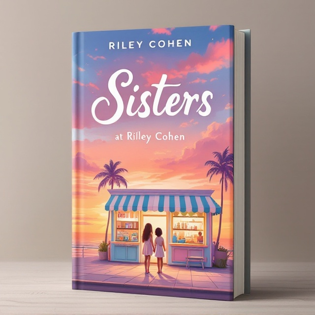 The cover features an illustration of a quaint ice cream store with pastel-colored canopies, situated on the edge of a calm beach. The store is cozy, with soft light spilling out of its windows. In the sky above, a magnificent sunset paints the horizon in shades of orange, pink, and purple, bordered by silhouetted palm trees swaying gently. Two young girls, hand in hand, stand in front of the store, their figures bathed in the warm, ethereal glow of the setting sun, evoking a sense of love and mystery.