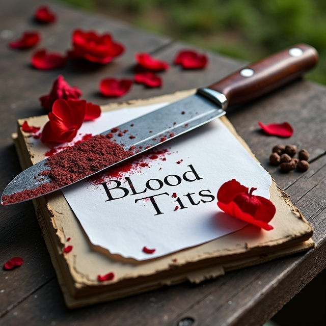 The cover is designed as if an old Polaroid photograph is taking center stage. On this Polaroid, the image is of a rustic wooden picnic table, weathered by time and elements. Resting on the table is a stark white wedding invitation. On top of the invitation lies a large knife. The play of light makes the metal blade flash ominously, while crusted blood is visible along the edge, with some of it dripping onto the wedding invite and oozing off the table's side. Adding further intrigue, scattered bloody rose petals rest upon the Polaroid image, contrasting with the blood-streaked paper. The entire setup is infused with shades of red, heightening the aura of foreboding suspense.