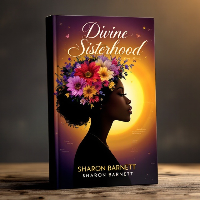 A silhouette of a Black woman with a regal posture, her head enveloped in a crown of wildflowers of varying sizes and colors, symbolizing diversity and growth. The background transitions from deep purple at the edges to a vibrant golden center, mimicking a sunset and radiating warmth and hope. In smaller details, subtle motifs of scriptural passages are interwoven into the sunlight rays, offering texture and depth.