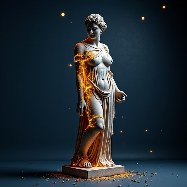 A half-broken ancient Greek statue, prominently displayed in the center against a dark indigo background. The statue's cracks are filled with intricate golden light patterns resembling veins of precious metal, symbolizing hope and transformation. The golden lights softly radiate outward, creating a glow that illuminates the surrounding area.